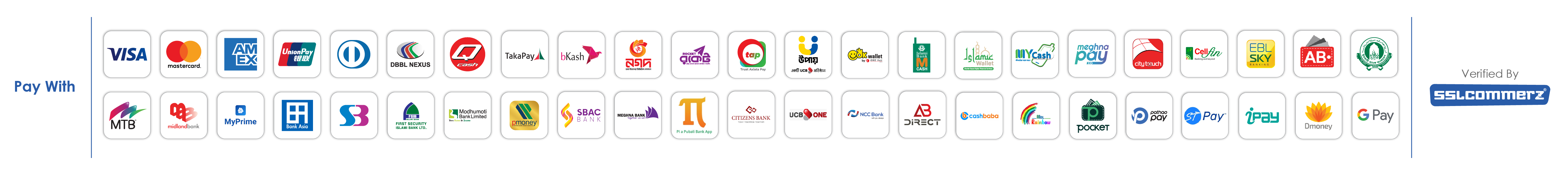 Pay with Visa, Mastercard, bKash, Nagad, Rocket and more. Verified by SSLCommerz.